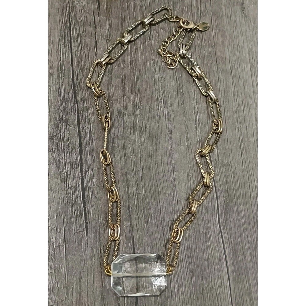 Jackie Blue Large Emerald Cut Glass Crystal Textured Antique Gold Tone Necklace